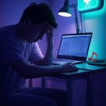 a man looking defeated, siting at his desk with a laptop with missing files, a med pack glows on the wall, showing a way for hope.