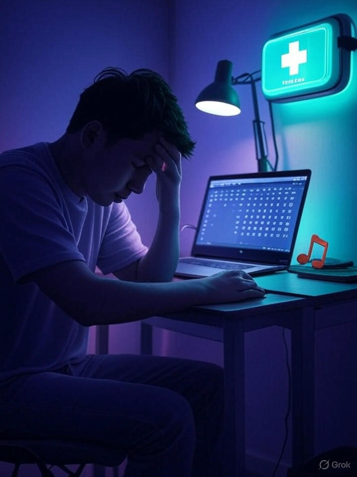 a man looking defeated, siting at his desk with a laptop with missing files, a med pack glows on the wall, showing a way for hope.