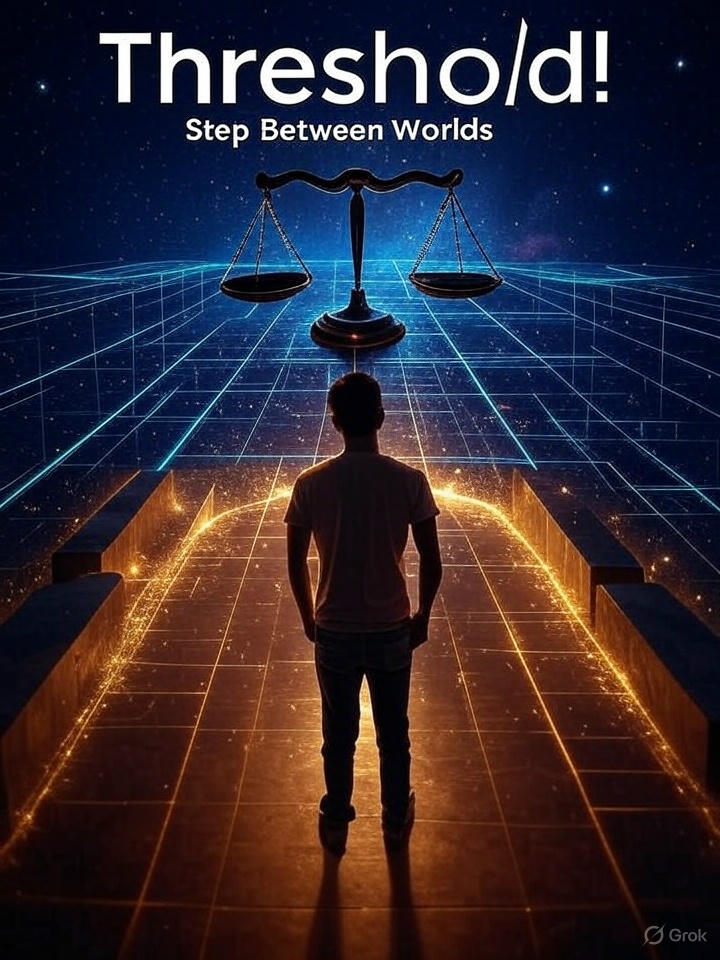 A man standing at a digital threshold that's glowing in gold